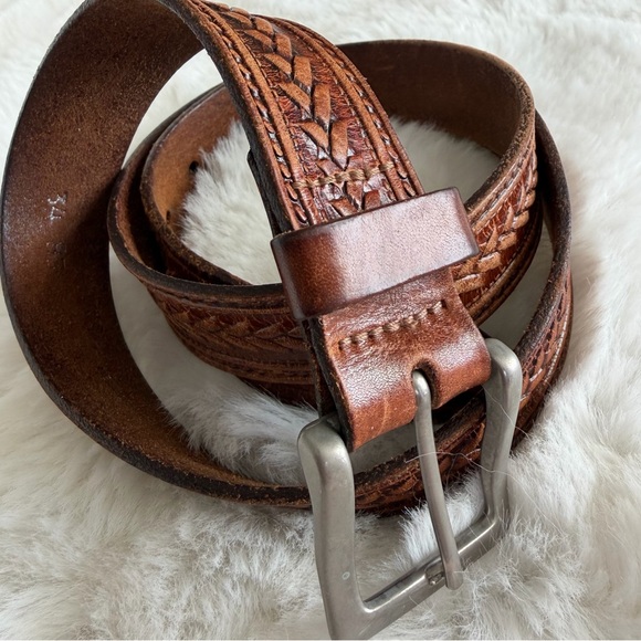 Vintage Tooled Leather Belt Brown | Unisex Western Boho | Size 34 main image 4